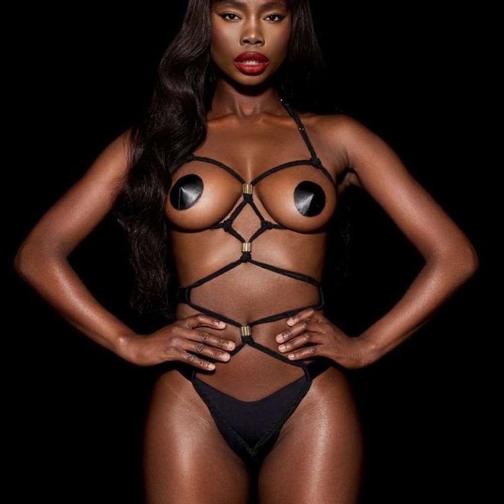 Honey Birdette Black Strappy Bra with Gold Details